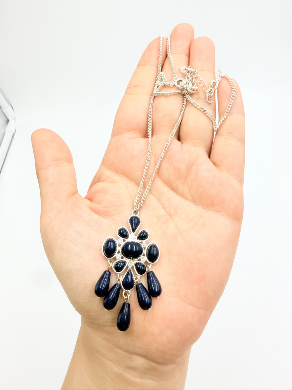 Navy Blue Beaded Statement Pendant Necklace